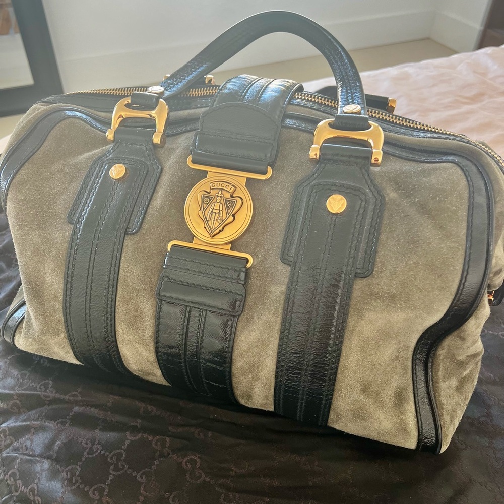 GUCCI Aviatrix Gray Taupe Suede Boston Bag